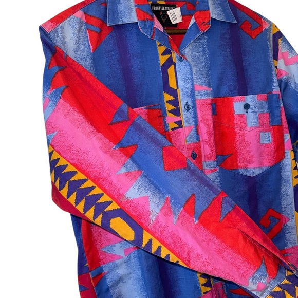 Vintage Frontier Series 90s Blue Pink Aztec Western Cowgirl Button Shirt Sz S - Picture 8 of 10